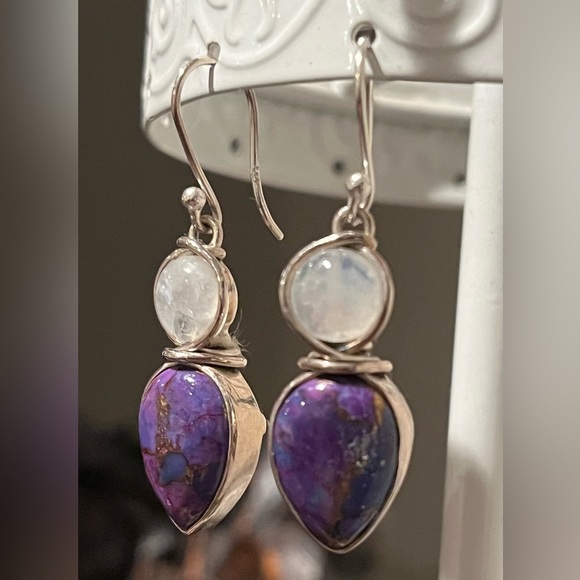 Sterling Silver Purple Copper Turquoise Rainbow Moonstone earrings - Picture 6 of 9